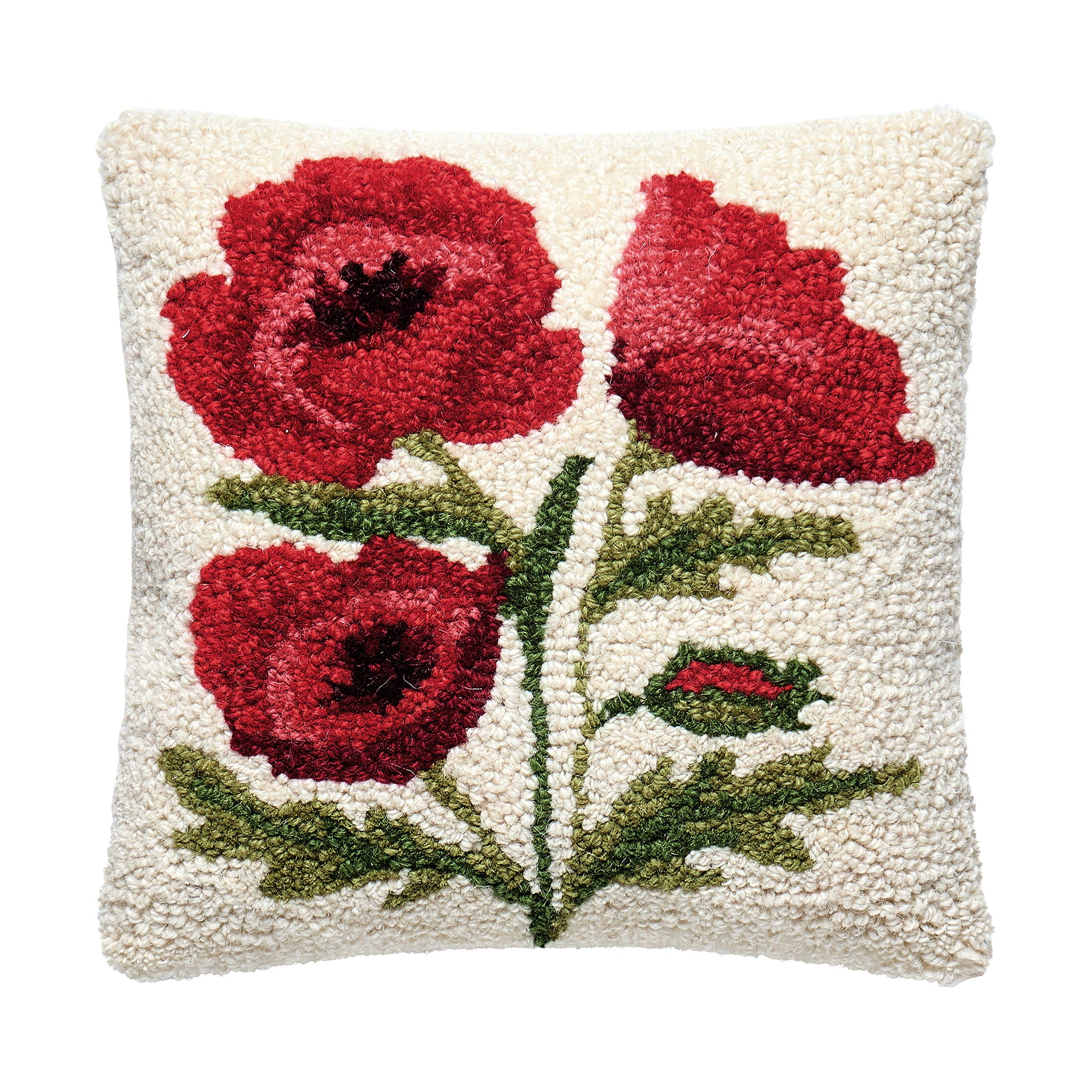Poppies Hooked Wool Throw Pillow, 10x10 inch, front view