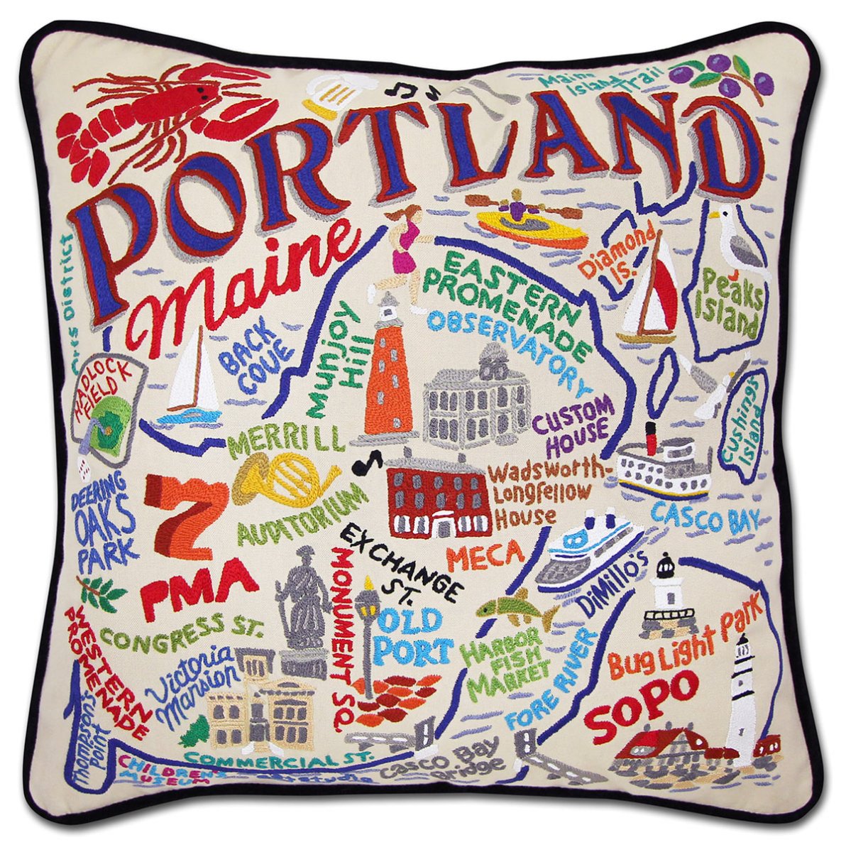 Portland, ME Lighthouse City hand-embroidered throw pillow showcasing iconic landmarks