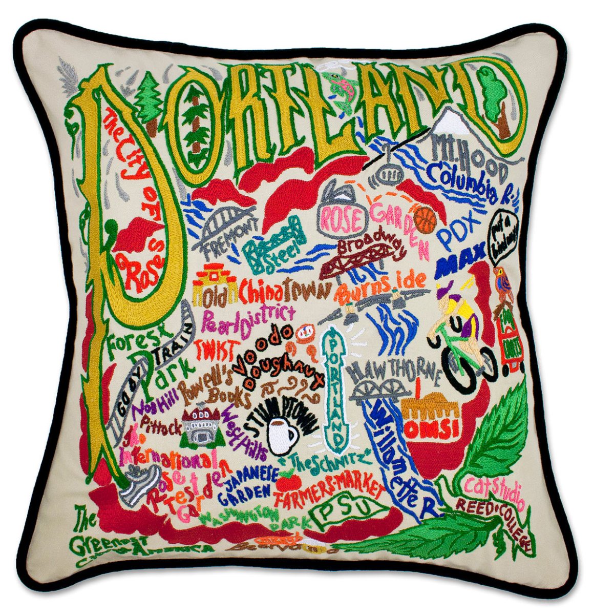Portland, OR Rose City hand-embroidered throw pillow showcasing iconic landmarks