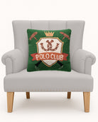 Preppy Palm Tree Hooked Wool Throw Pillow on an armchair, showing the throw pillow at room scale, 16x16 inch