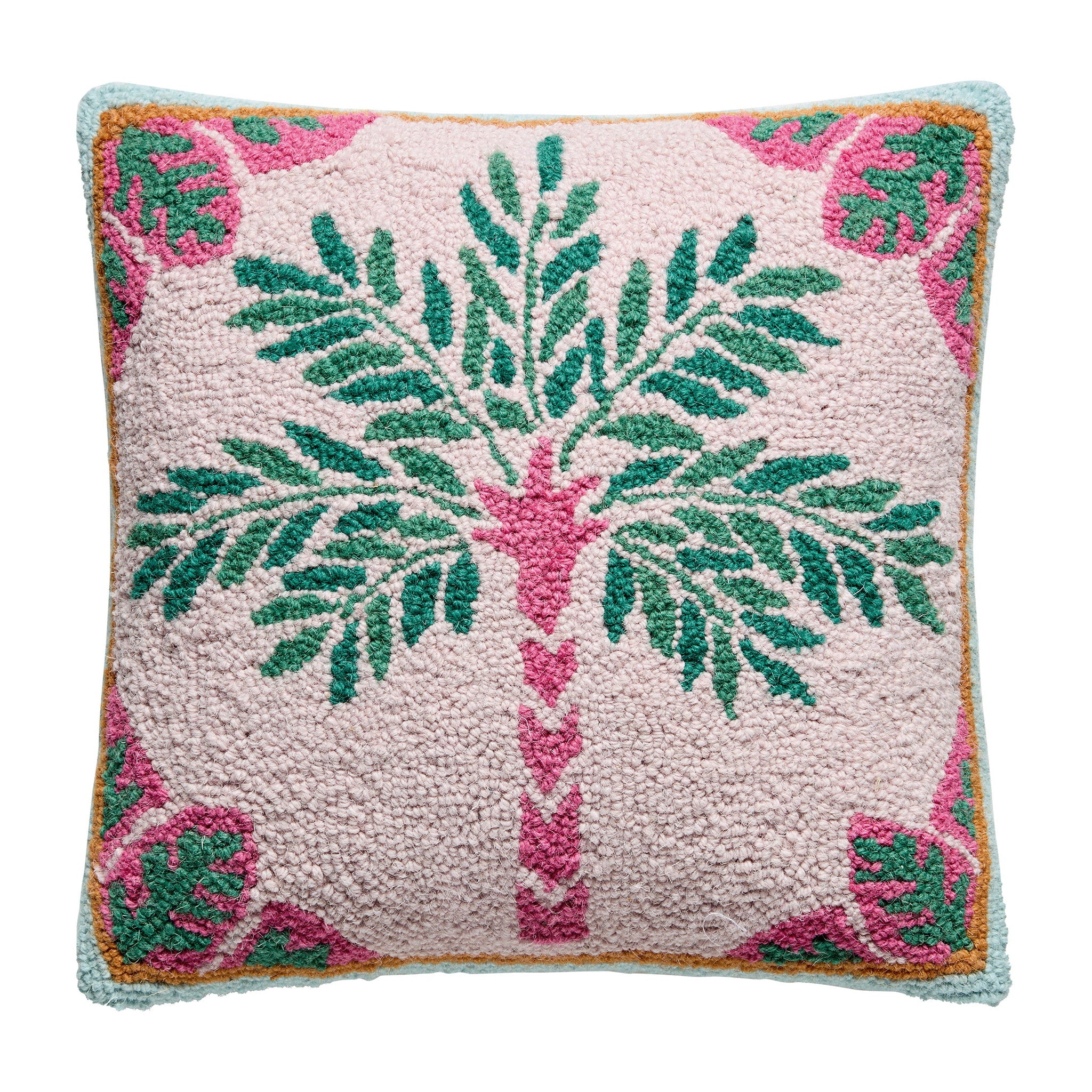 Preppy Palm Tree Hooked Wool Throw Pillow, 16x16 inch, front view