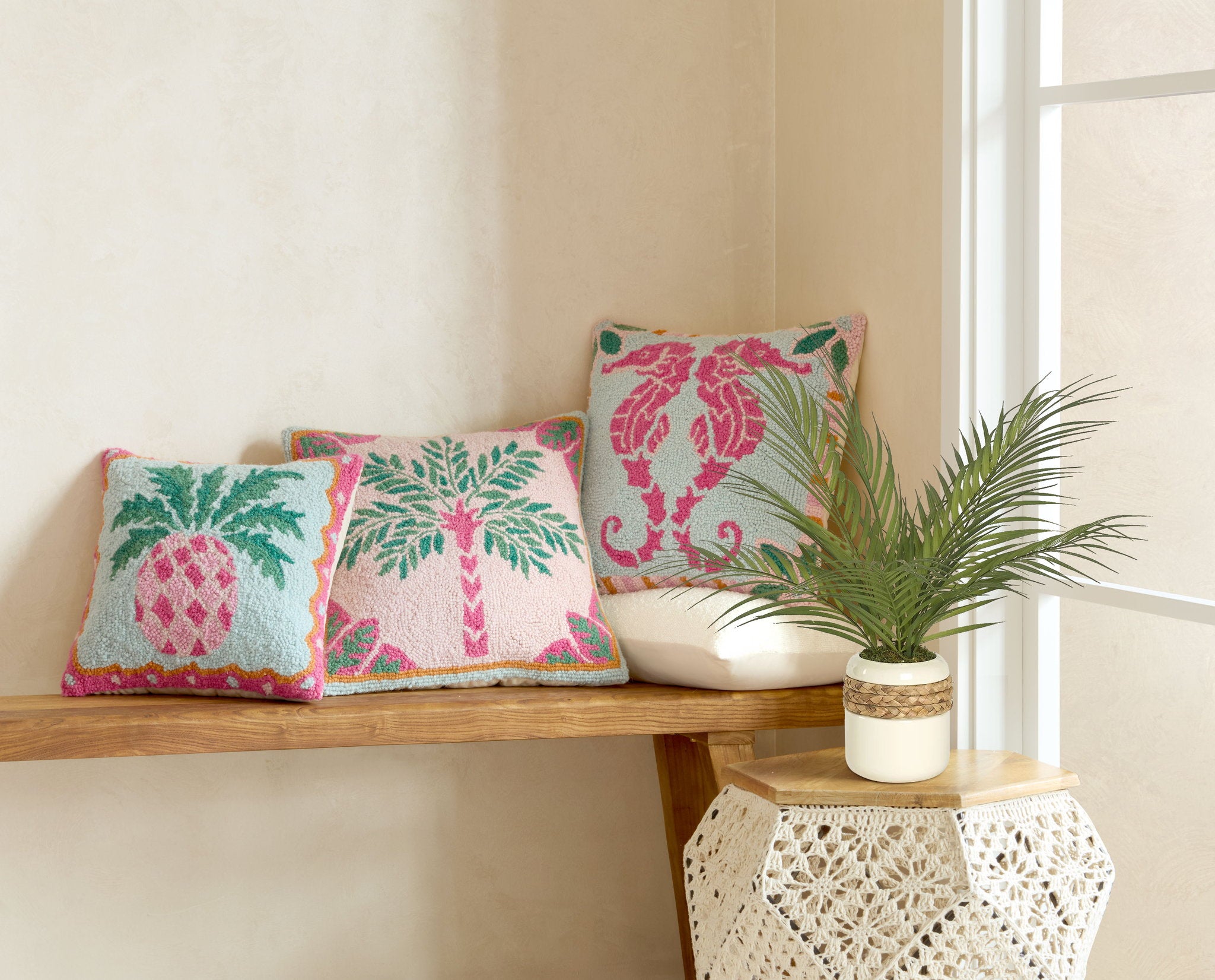 Preppy Seahorse Hooked Wool Throw Pillow shown alongside other designs in the same collection, 16x16 inch