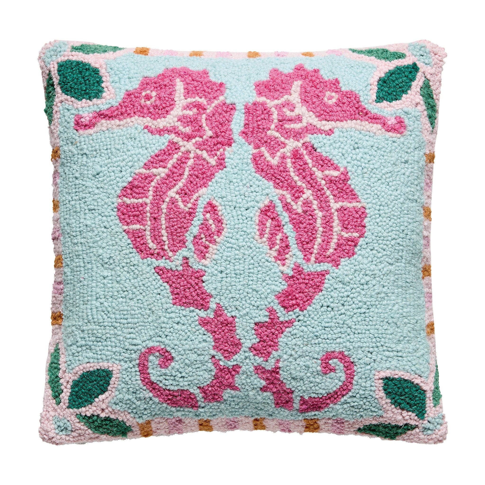 Preppy Seahorse Hooked Wool Throw Pillow, 16x16 inch, front view