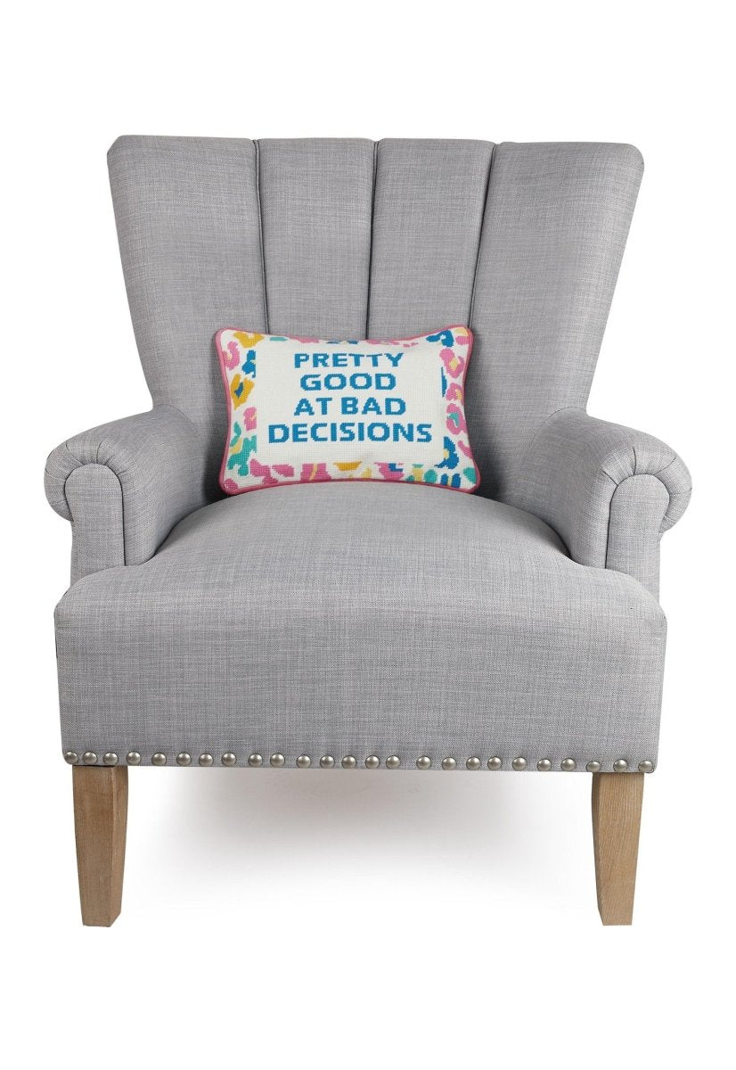 Pretty Good Embroidered Needlepoint Throw Pillow on an armchair, showing the throw pillow at room scale, 10x14 inch