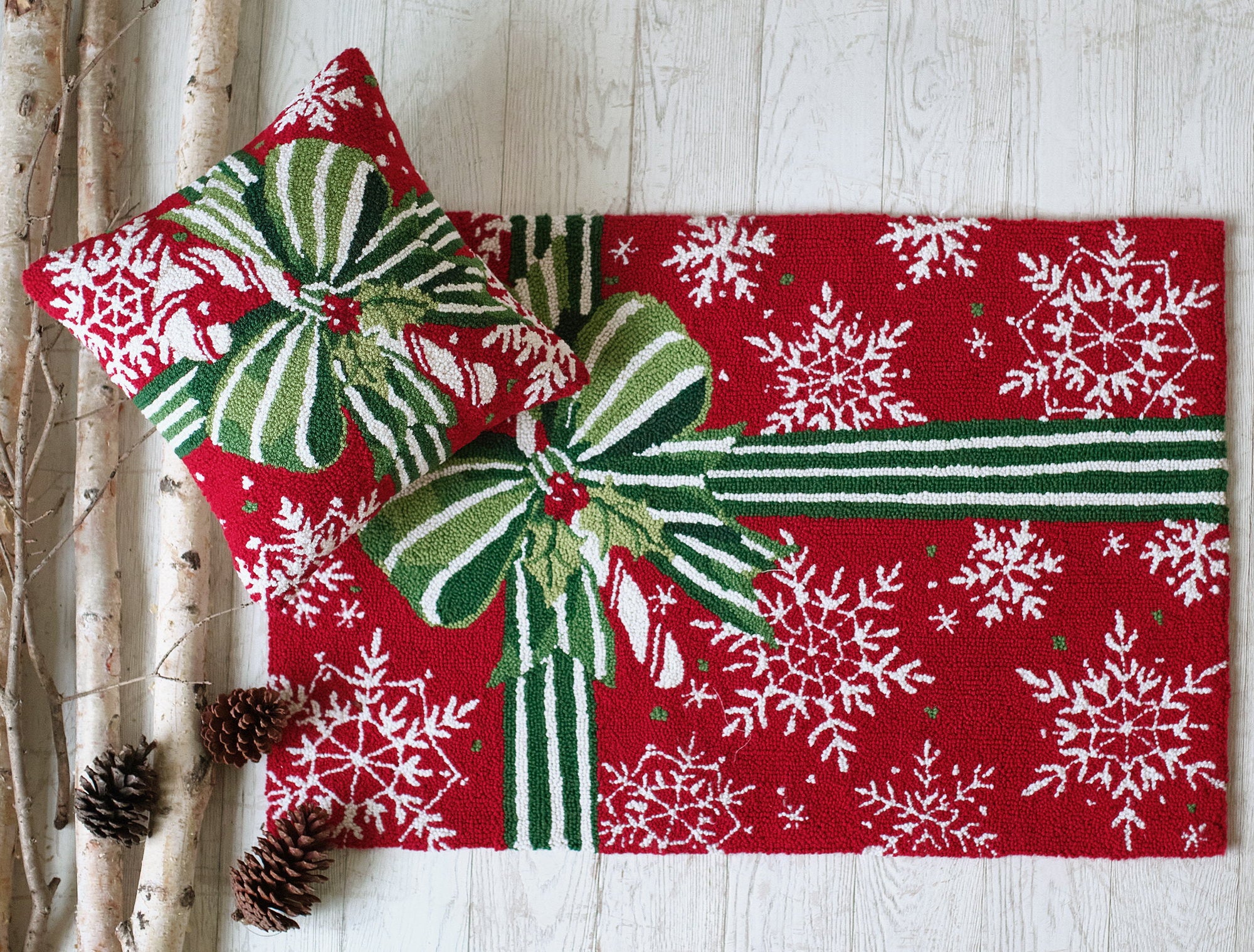 Pretty Present Hooked Wool Christmas Throw Pillow styled in a room setting, 16x16 inch