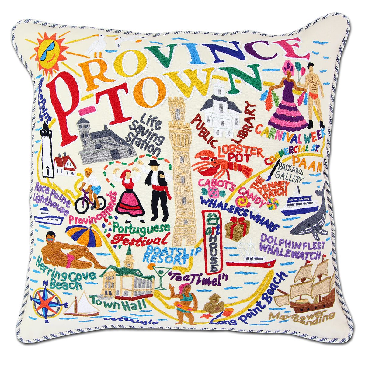 Provincetown, MA Pilgrim City hand-embroidered throw pillow showcasing iconic landmarks