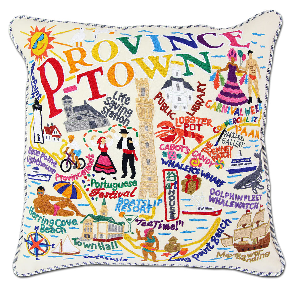Provincetown, MA Pilgrim City embroidered throw pillow with historic sites.