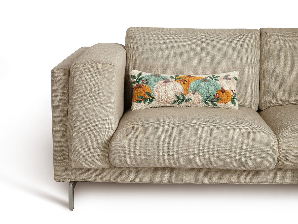 Pumpkin Festival Hooked Wool Fall Harvest Throw Pillow styled in a room setting, 8x22 inch