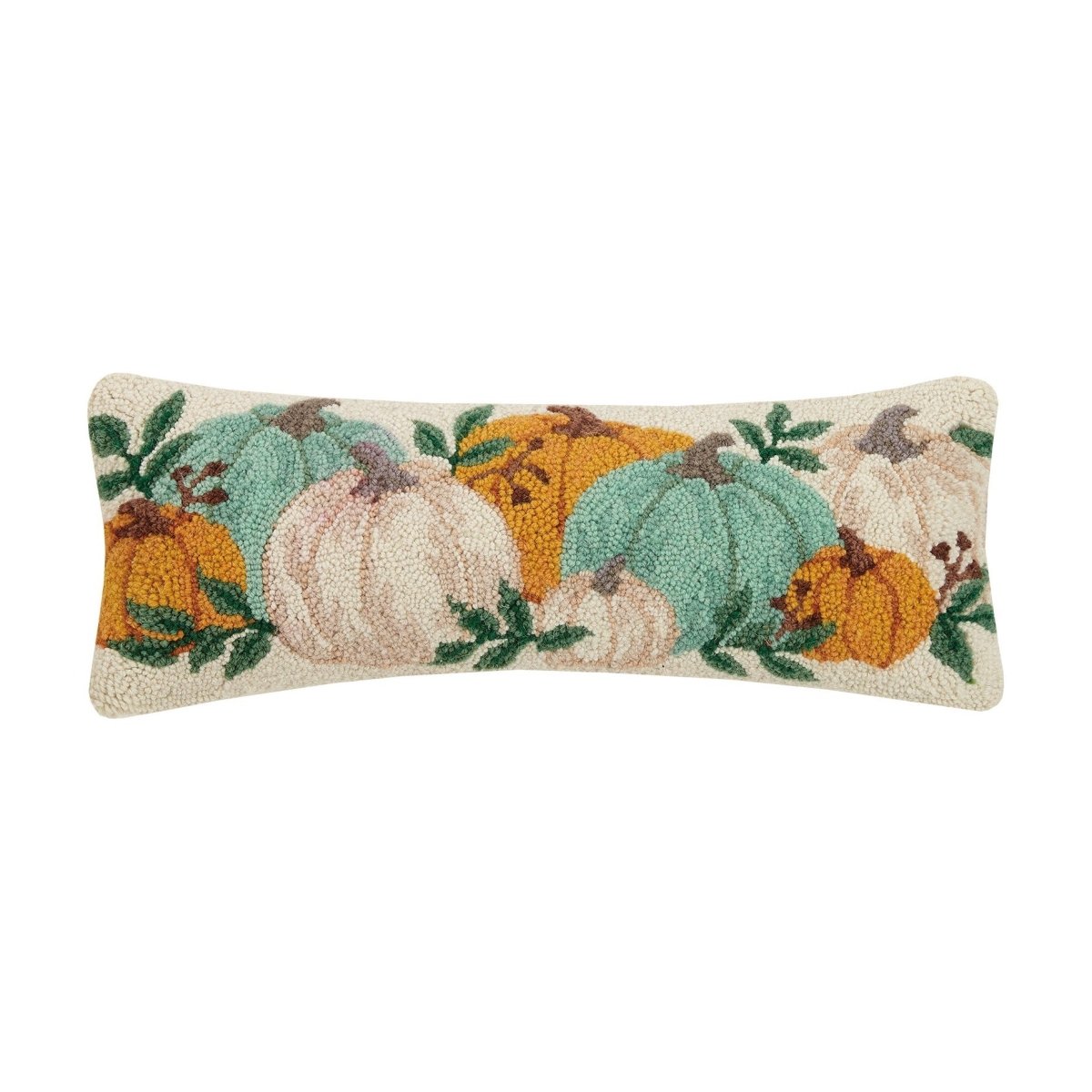 Pumpkin Festival Hooked Wool Fall Harvest Throw Pillow, 8x22 inch, front view