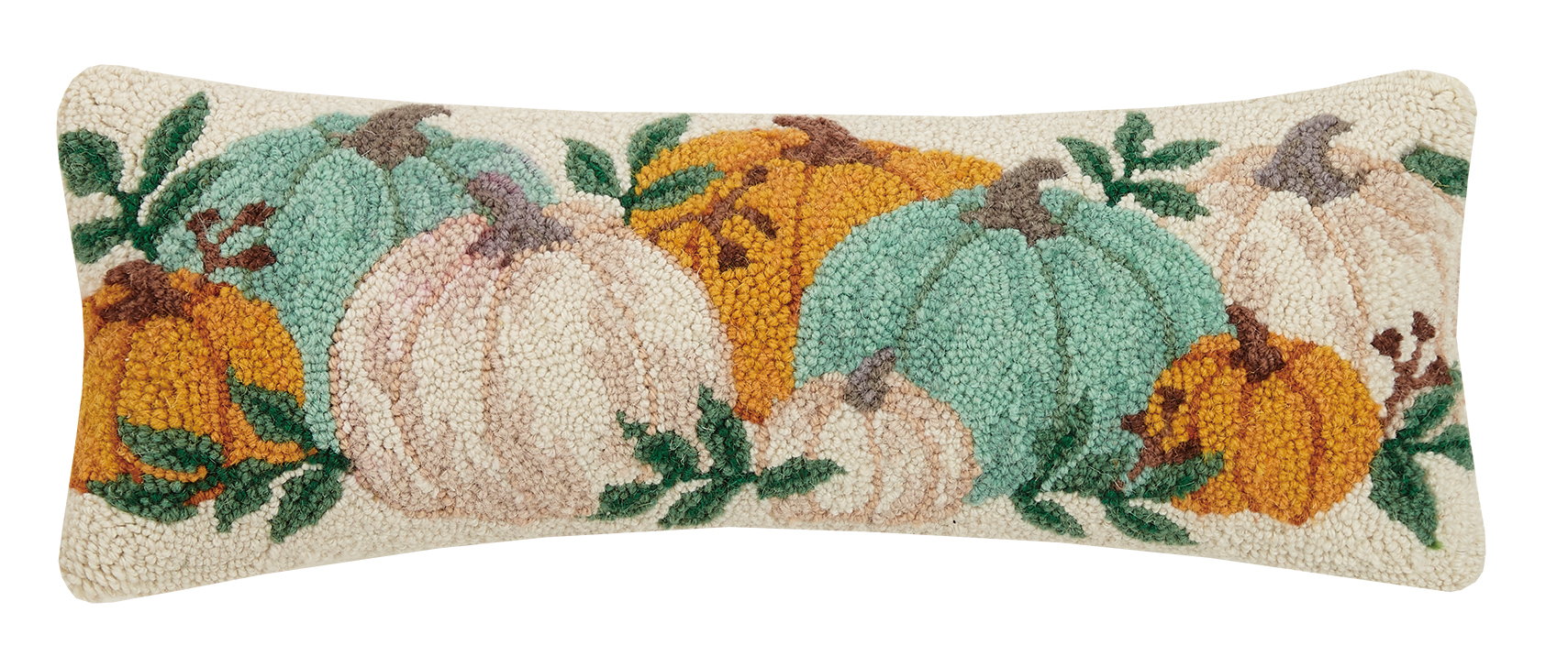 Pumpkin Festival Hooked Wool Fall Harvest Throw Pillow, 8x22 inch, front view