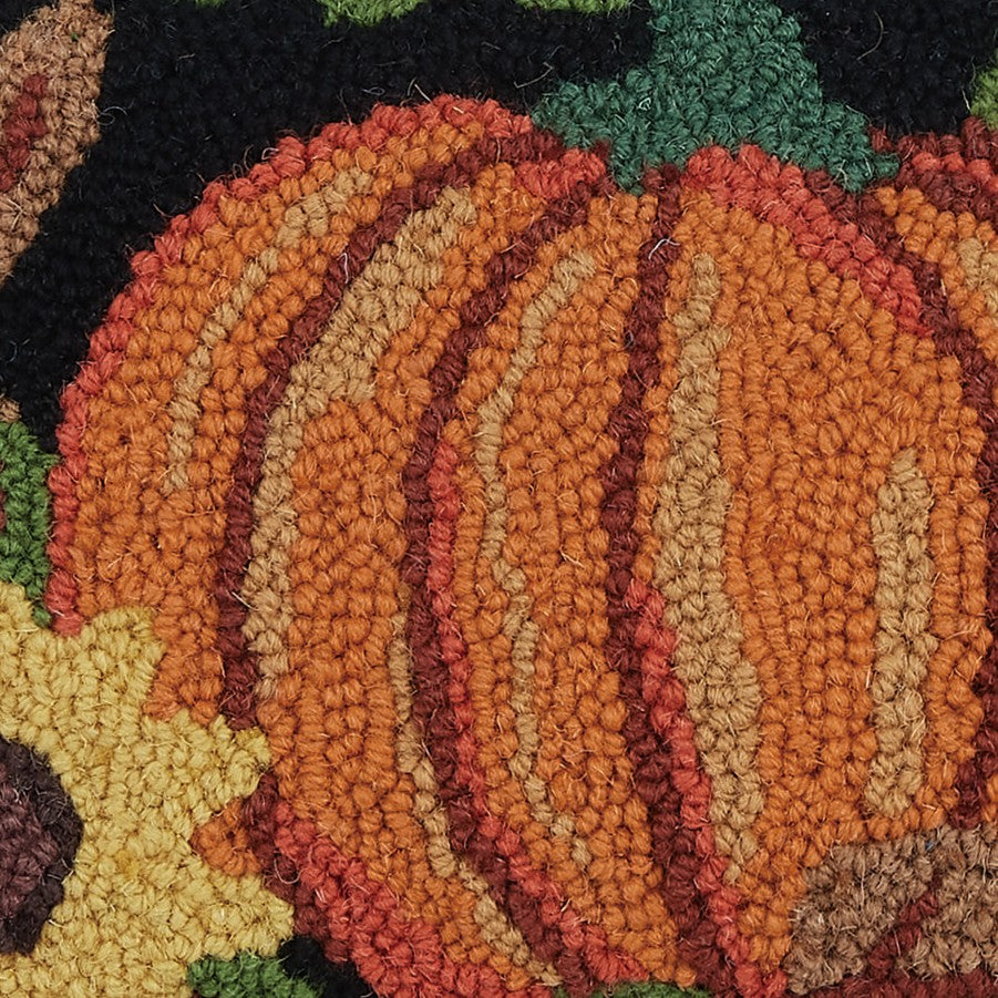 Pumpkin Sunflower Hooked Wool Fall Harvest Throw Pillow, close-up detail