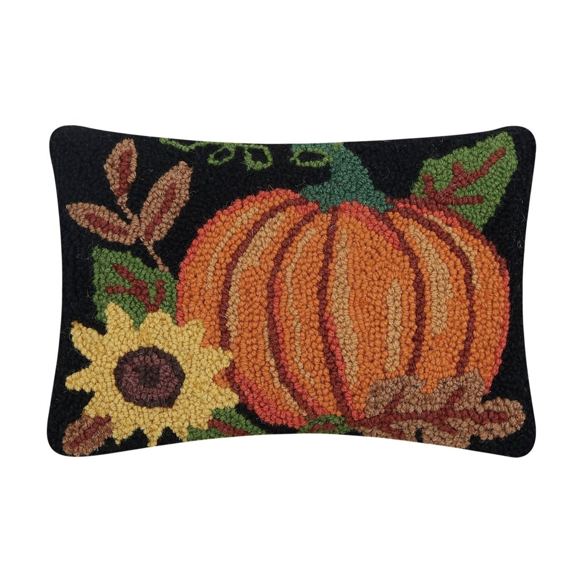 Pumpkin Sunflower Hooked Wool Fall Harvest Throw Pillow, 8x12 inch, front view