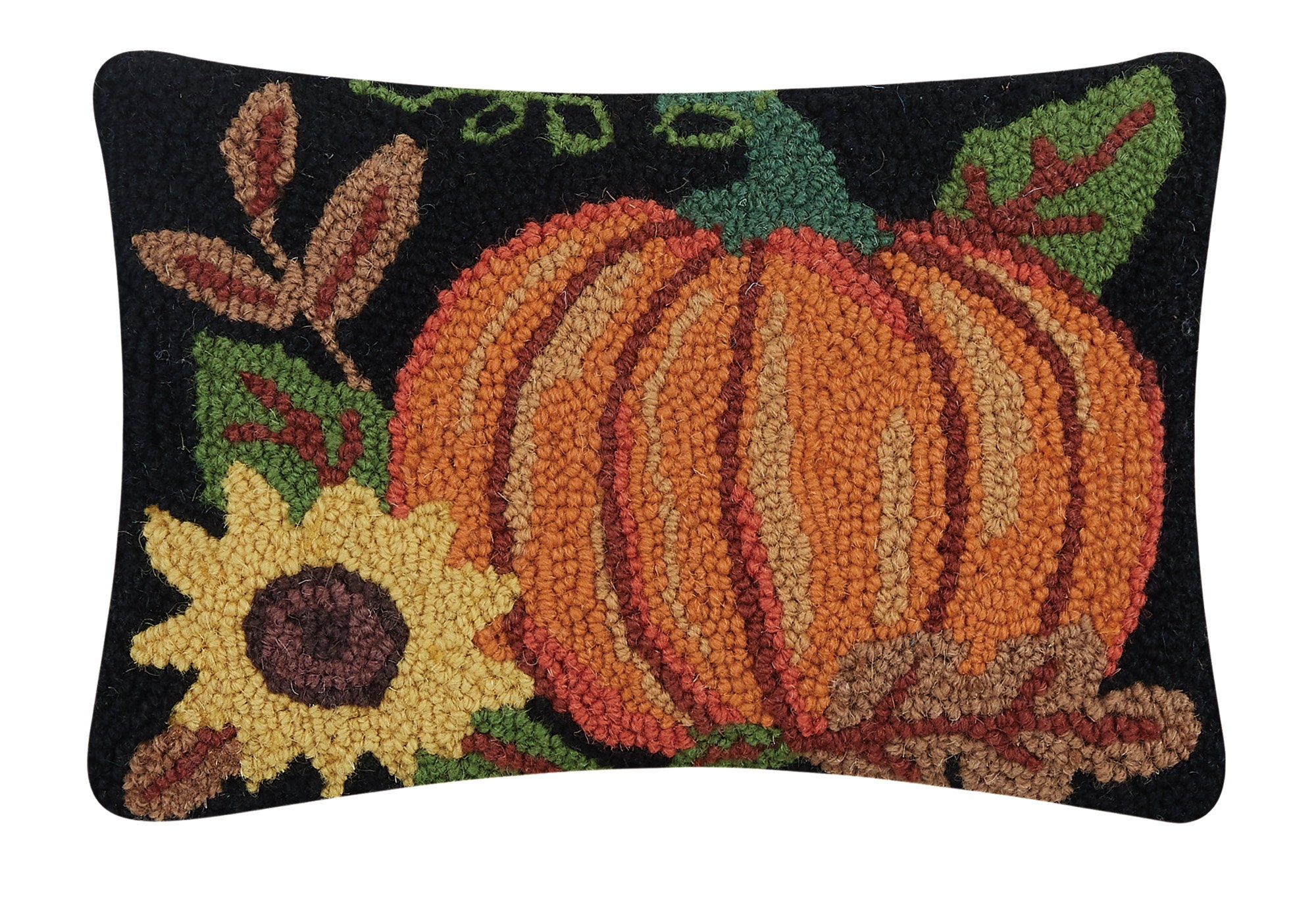 Pumpkin Sunflower Hooked Wool Fall Harvest Throw Pillow, 8x12 inch, front view