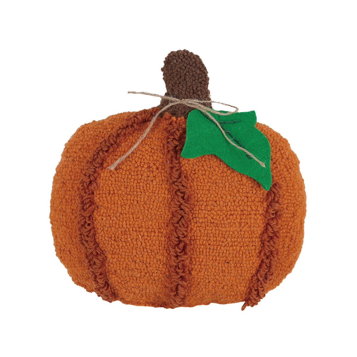 Pumpkin with Leaf Applique Hooked Wool Fall Harvest Throw Pillow, 12x12 inch, front view