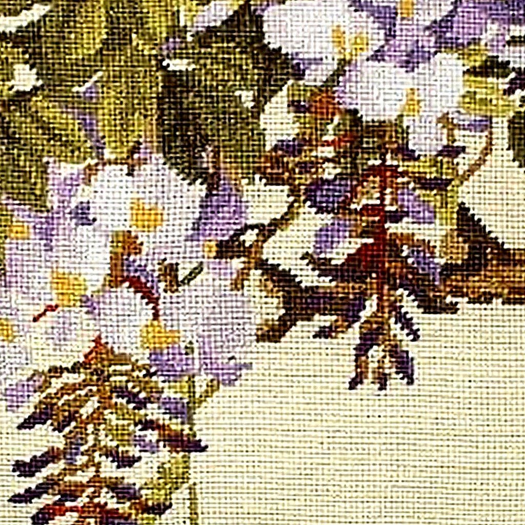 Hand-stitched wool detail of Purple Wisteria White Botanical needlepoint pillow showing intricate weave pattern and texture