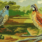 Quails Wildlife Birds Lodge pillow fabric closeup showing hand-embroidered needlepoint wool texture and color detail
