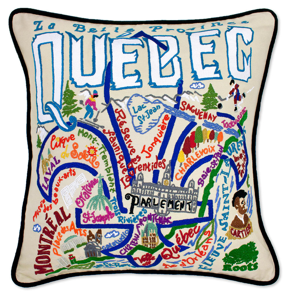 Quebec French Heritage City embroidered throw pillow with historic scenes.