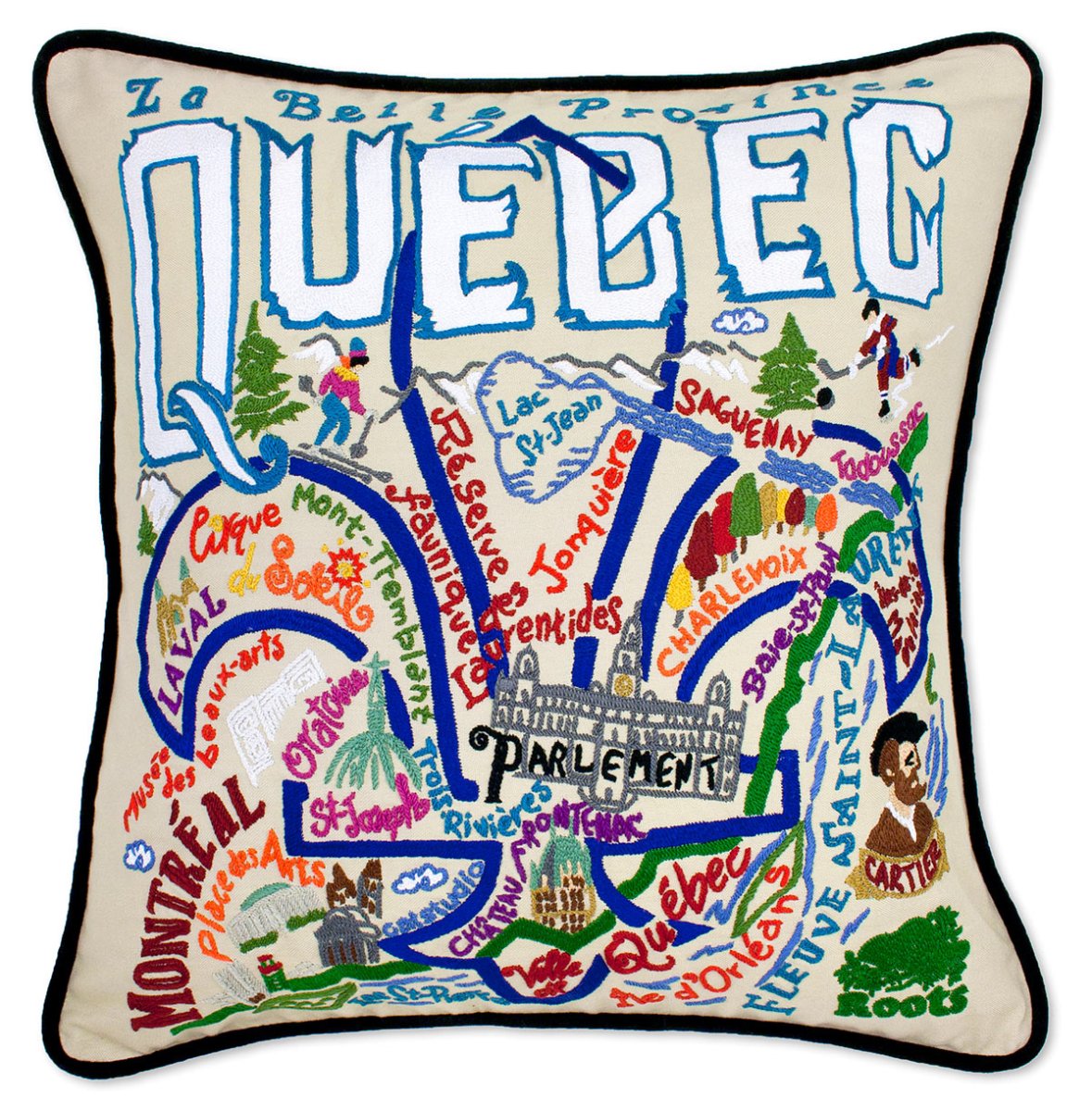Quebec French Heritage hand-embroidered throw pillow showcasing iconic landmarks