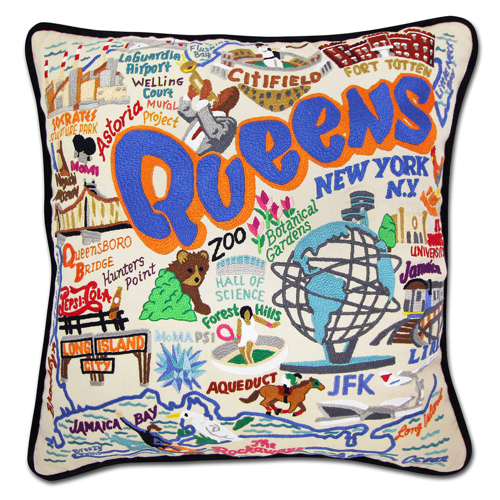 Queens, NY Borough City embroidered throw pillow with iconic sites.