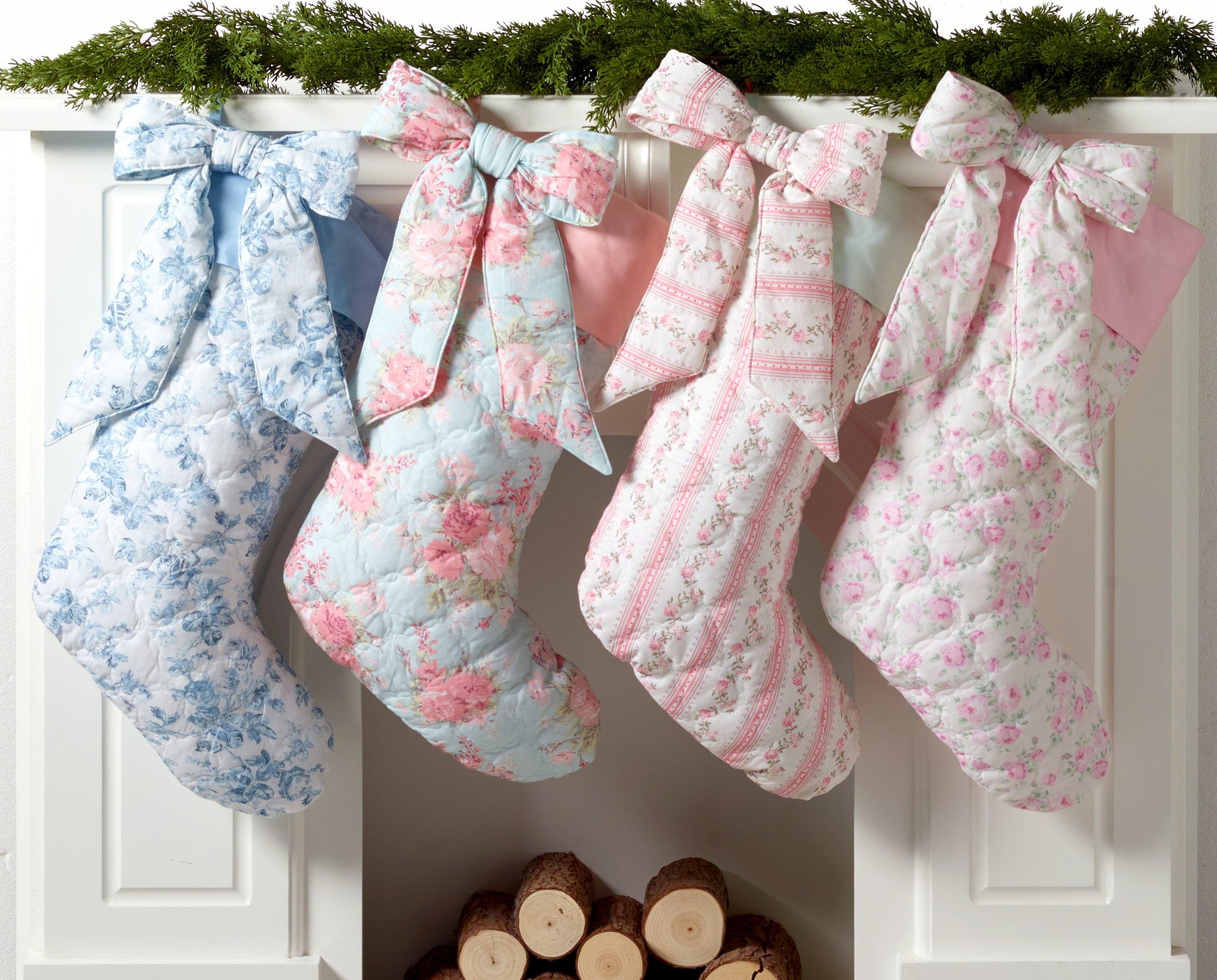 Quilted Cami Bow Christmas Stocking shown alongside other designs in the same collection, 15x25 inch