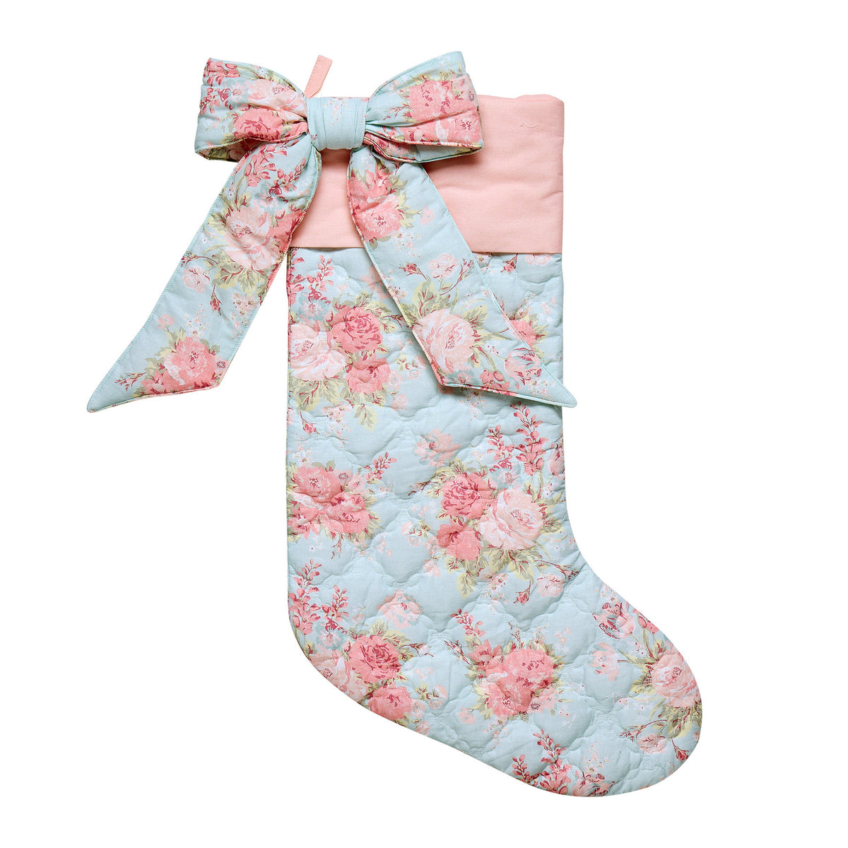 Quilted Michaela Bow Christmas Stocking, 15x25 inch, front view