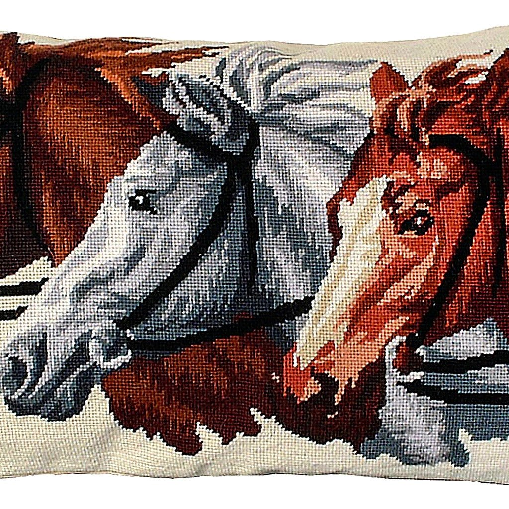 Closeup of Racing Horses Ranch needlepoint throw pillow highlighting hand-stitched wool craftsmanship and fabric detail