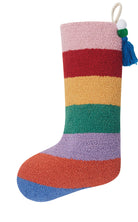 Rainbow Stripe with Pom Tassel Hooked Christmas Stocking, 12x20 inch, front view
