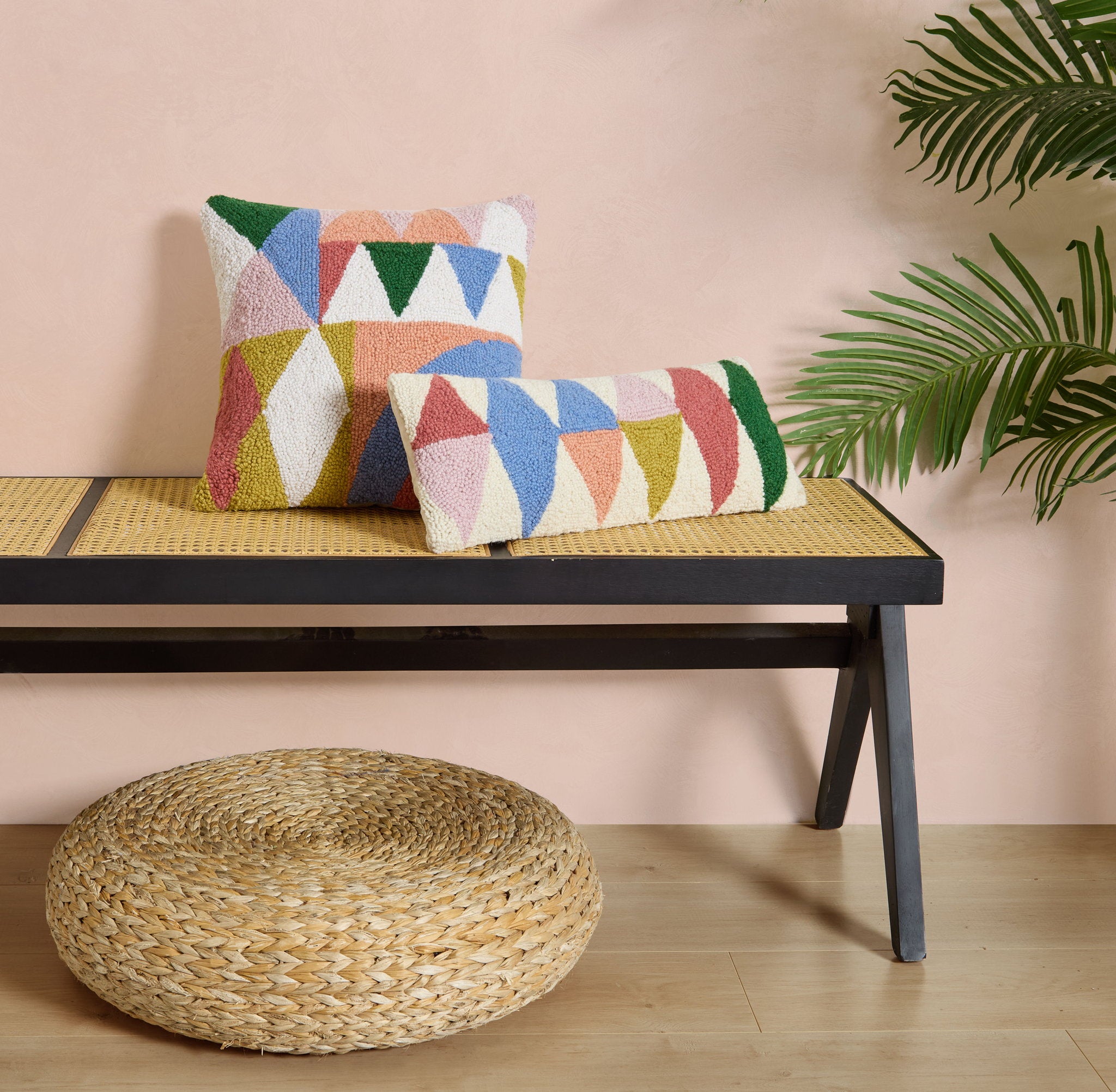 Rainbow Triangles Hooked Wool Throw Pillow shown alongside other designs in the same collection, 8x20 inch