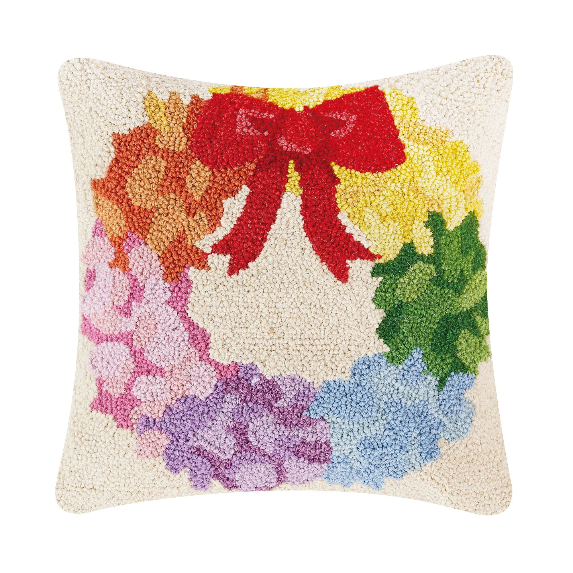 Rainbow Wreath Hooked Wool Christmas Throw Pillow, 16x16 inch, front view