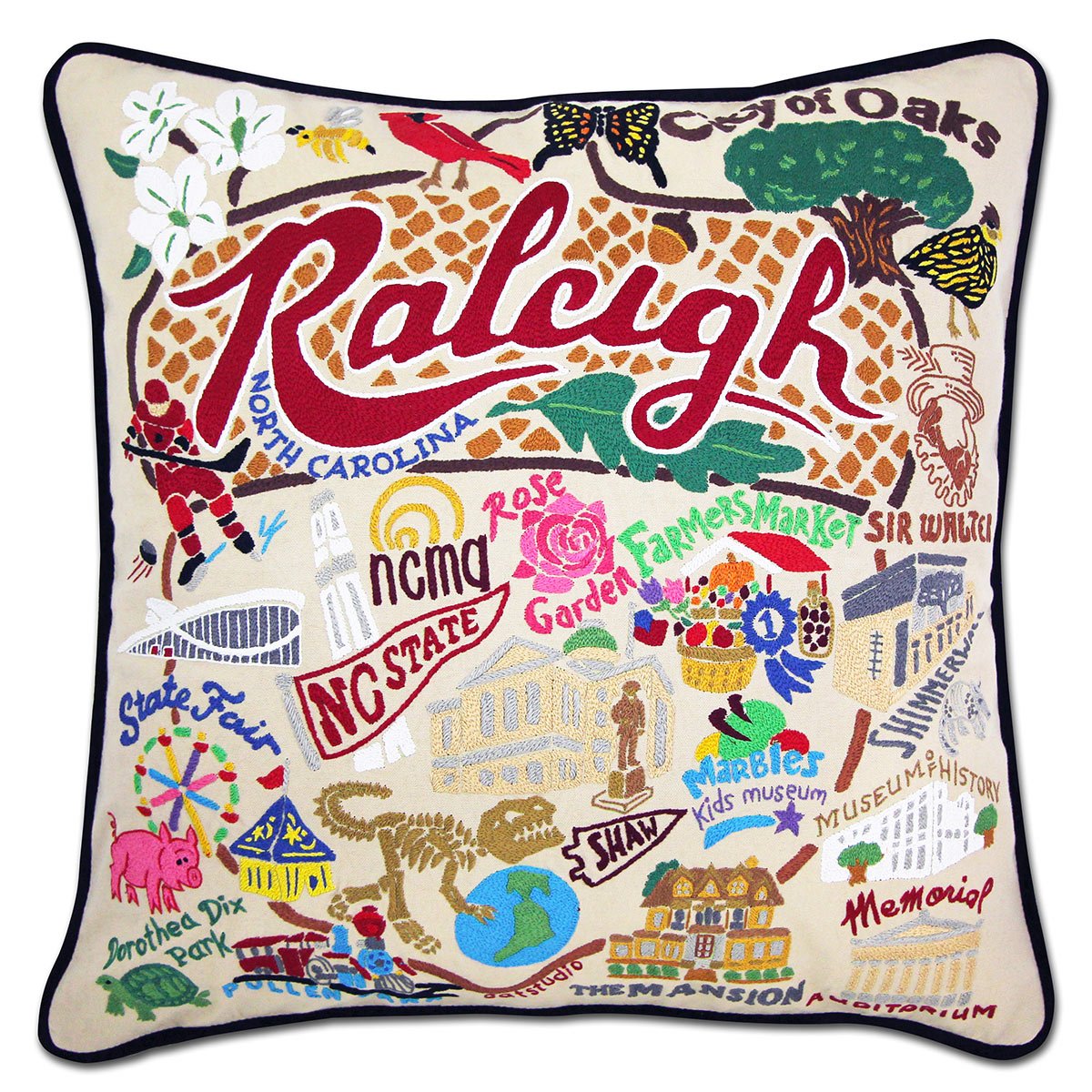 Raleigh, NC Oak City hand-embroidered throw pillow showcasing iconic landmarks
