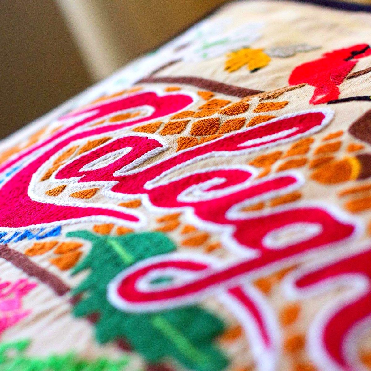 Raleigh, NC Oak City Embroidered Travel Throw Pillow - close-up detail of hand-embroidered needlepoint stitching