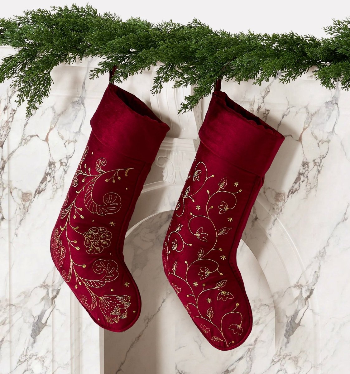 Red All Over Foliage Embroidered Christmas Stocking styled in a room setting, 12x20 inch