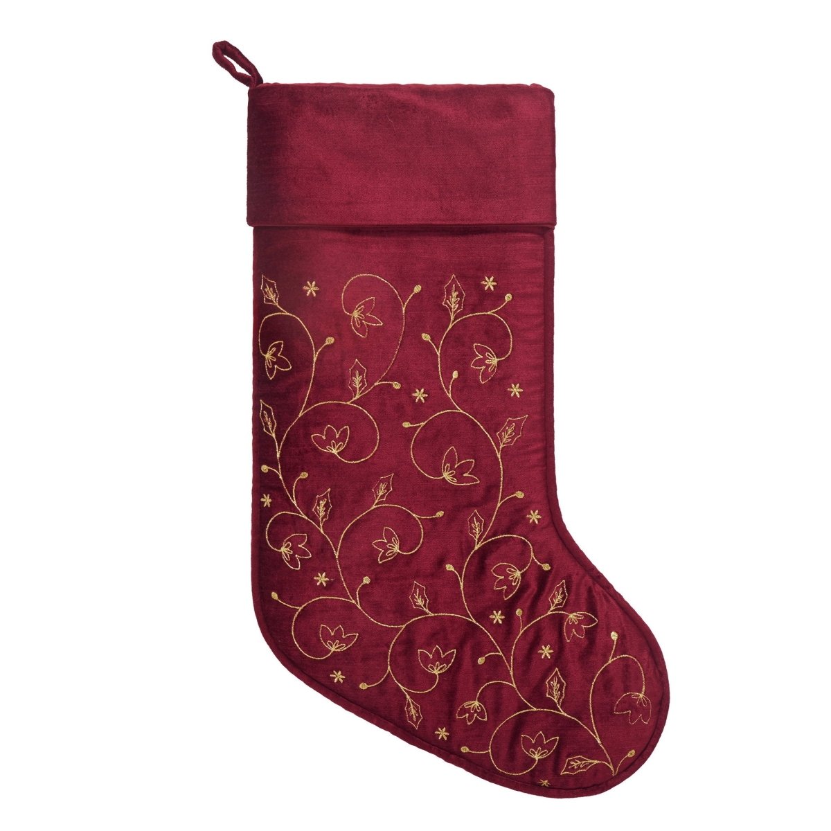 Red All Over Foliage Embroidered Christmas Stocking, 12x20 inch, front view