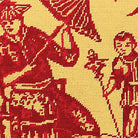 Closeup of Red Boy Bird Chinoiserie needlepoint throw pillow highlighting hand-stitched wool craftsmanship and fabric detail