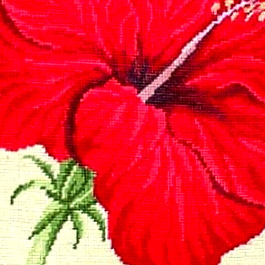 Hand-stitched wool detail of Red China Rose Botanical needlepoint pillow showing intricate weave pattern and texture