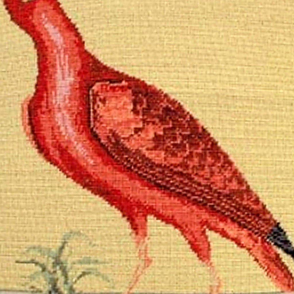 Red Curlew Scarlet Ibis pillow fabric closeup showing hand-embroidered needlepoint wool texture and color detail