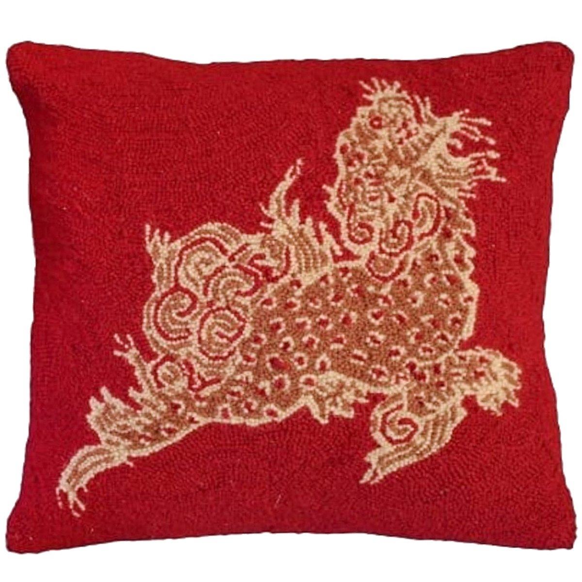 Red Dragon Vermillion Dunmore hooked wool throw pillow with artisan decorative design