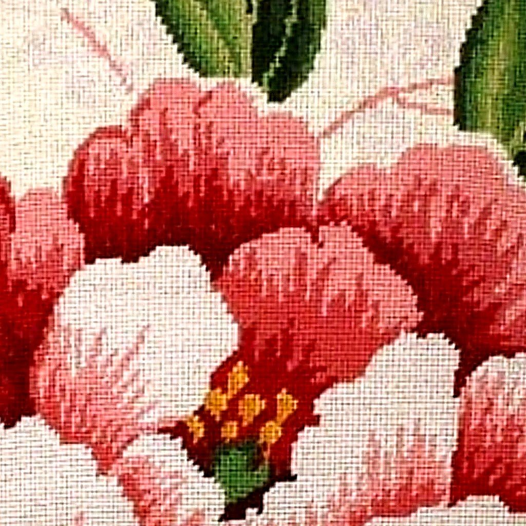 Red Floral Botanical pillow fabric closeup showing hand-embroidered needlepoint wool texture and color detail