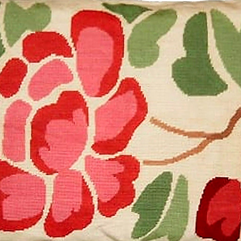 Hand-stitched wool detail of Red Floral Botanical needlepoint pillow showing intricate weave pattern and texture