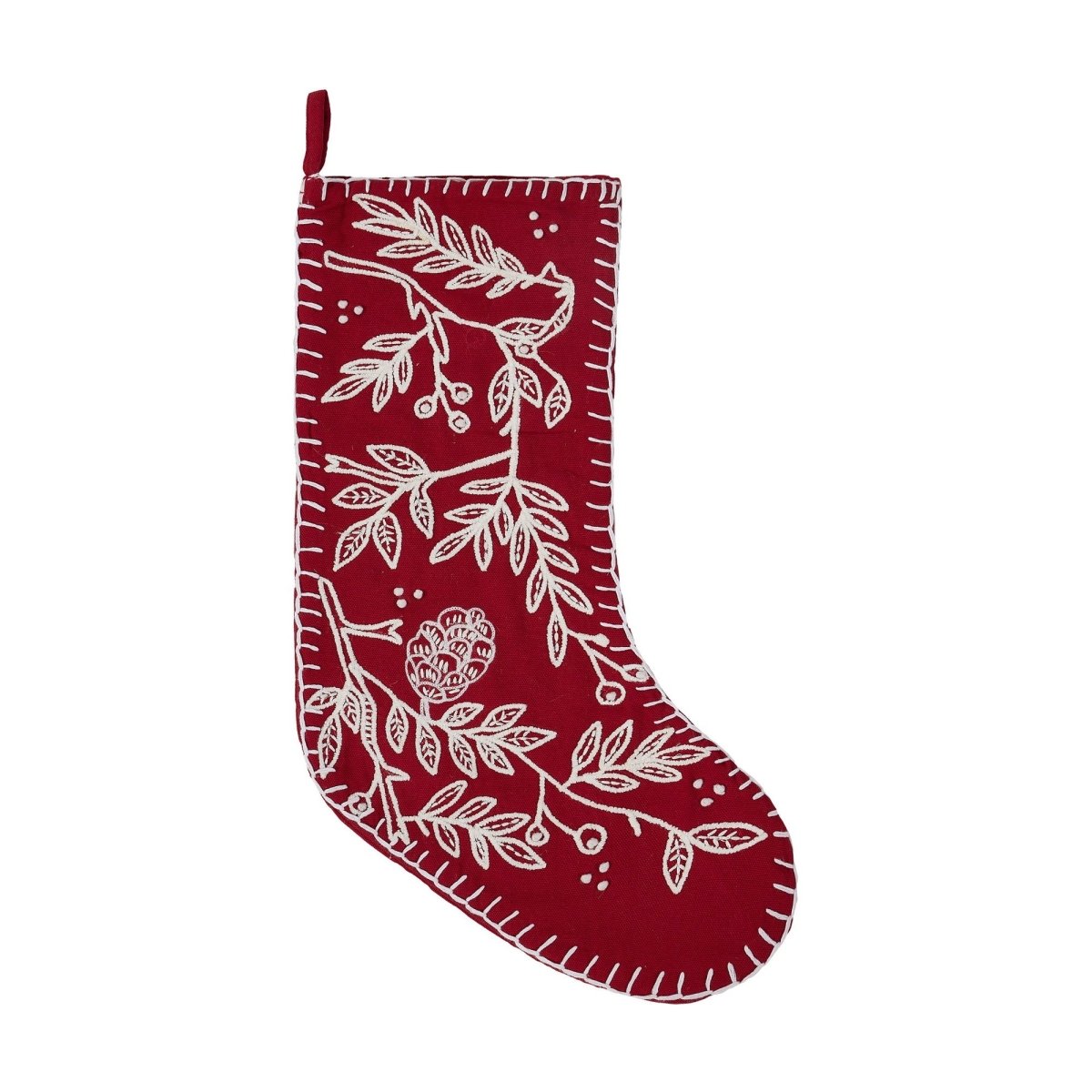 Red Folk Branch Embroidered Christmas Stocking, 11x20 inch, front view
