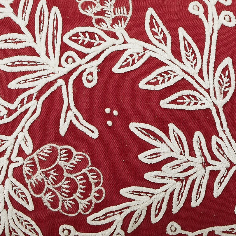Red Folk Branch Embroidered Christmas Throw Pillow, close-up detail