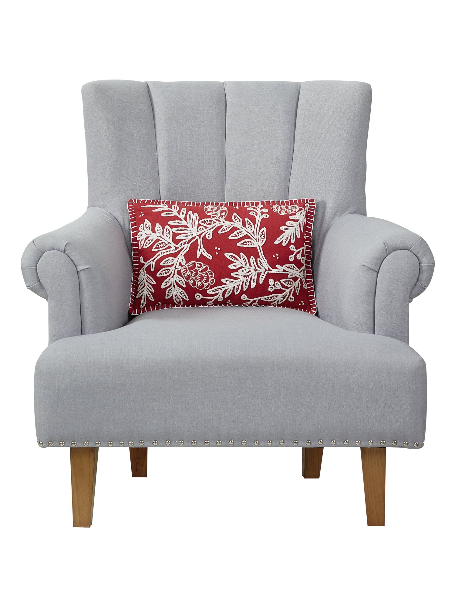 Red Folk Branch Embroidered Christmas Throw Pillow on an armchair, showing the throw pillow at room scale, 12x18 inch