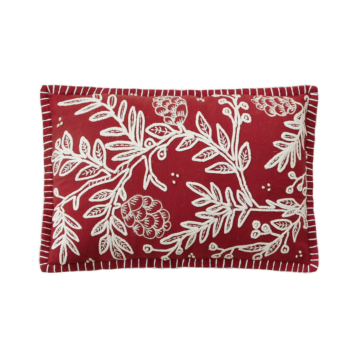 Red Folk Branch Embroidered Christmas Throw Pillow, 12x18 inch, front view