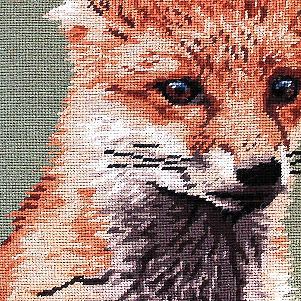 Closeup of Red Fox Rustic Lodge Wildlife needlepoint throw pillow highlighting hand-stitched wool craftsmanship and fabric detail