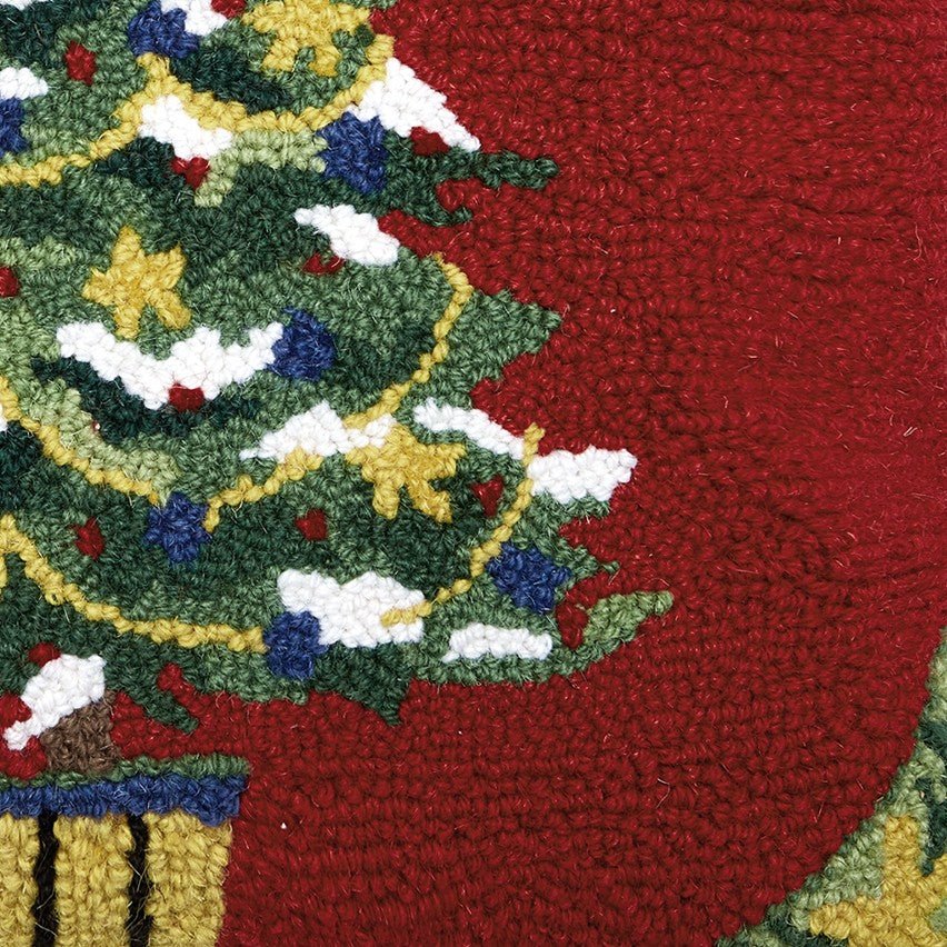 Red Ground Decorated Christmas Tree Hooked Wool Throw Pillow, close-up detail