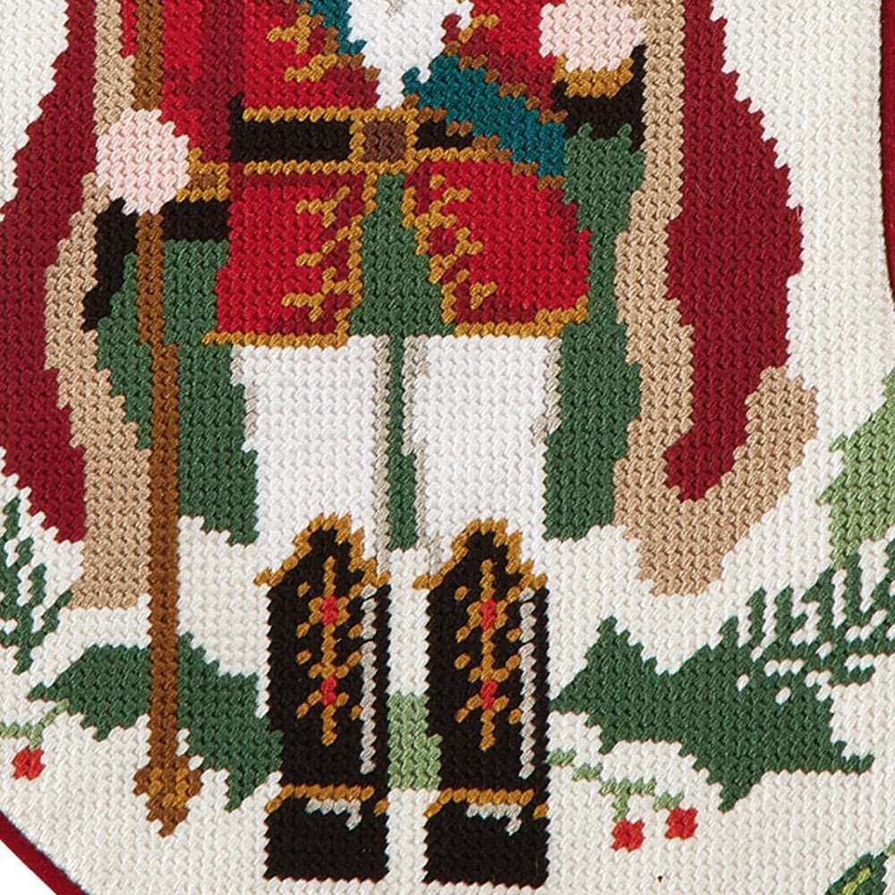 Closeup of Red Holly Nutcracker Embroidered Needlepoint Christmas Stocking showing stitch texture and craftsmanship detail