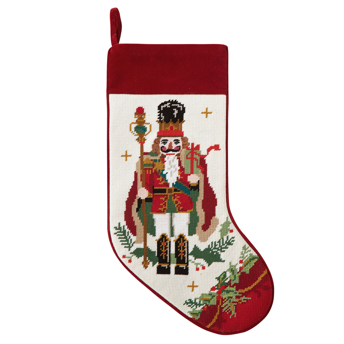 Red Holly Nutcracker Embroidered Needlepoint Christmas Stocking, 11x18 inch, front view