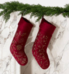 Red Jacobean Foliage Embroidered Christmas Stocking styled in a room setting, 12x20 inch