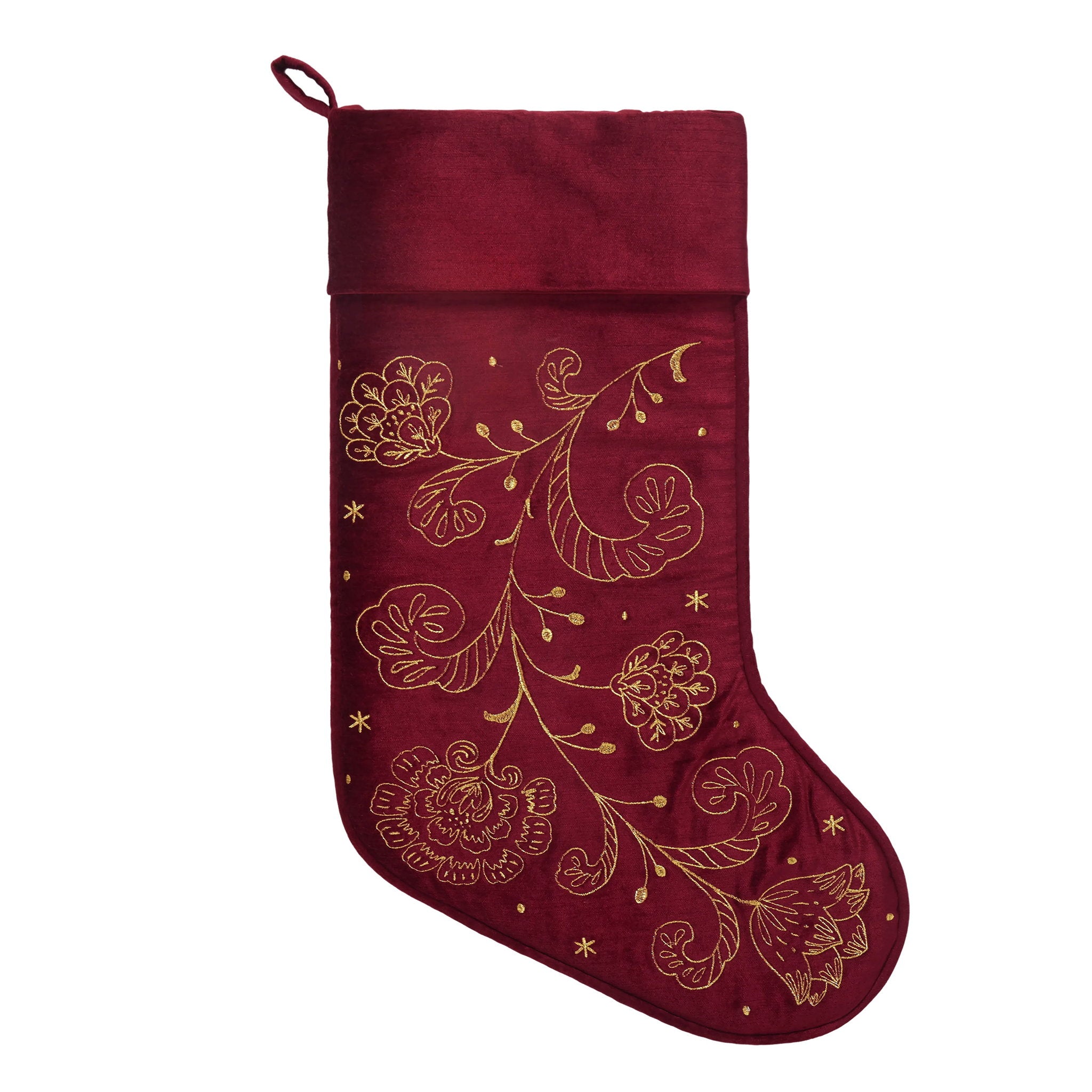 Red Jacobean Foliage Embroidered Christmas Stocking, 12x20 inch, front view