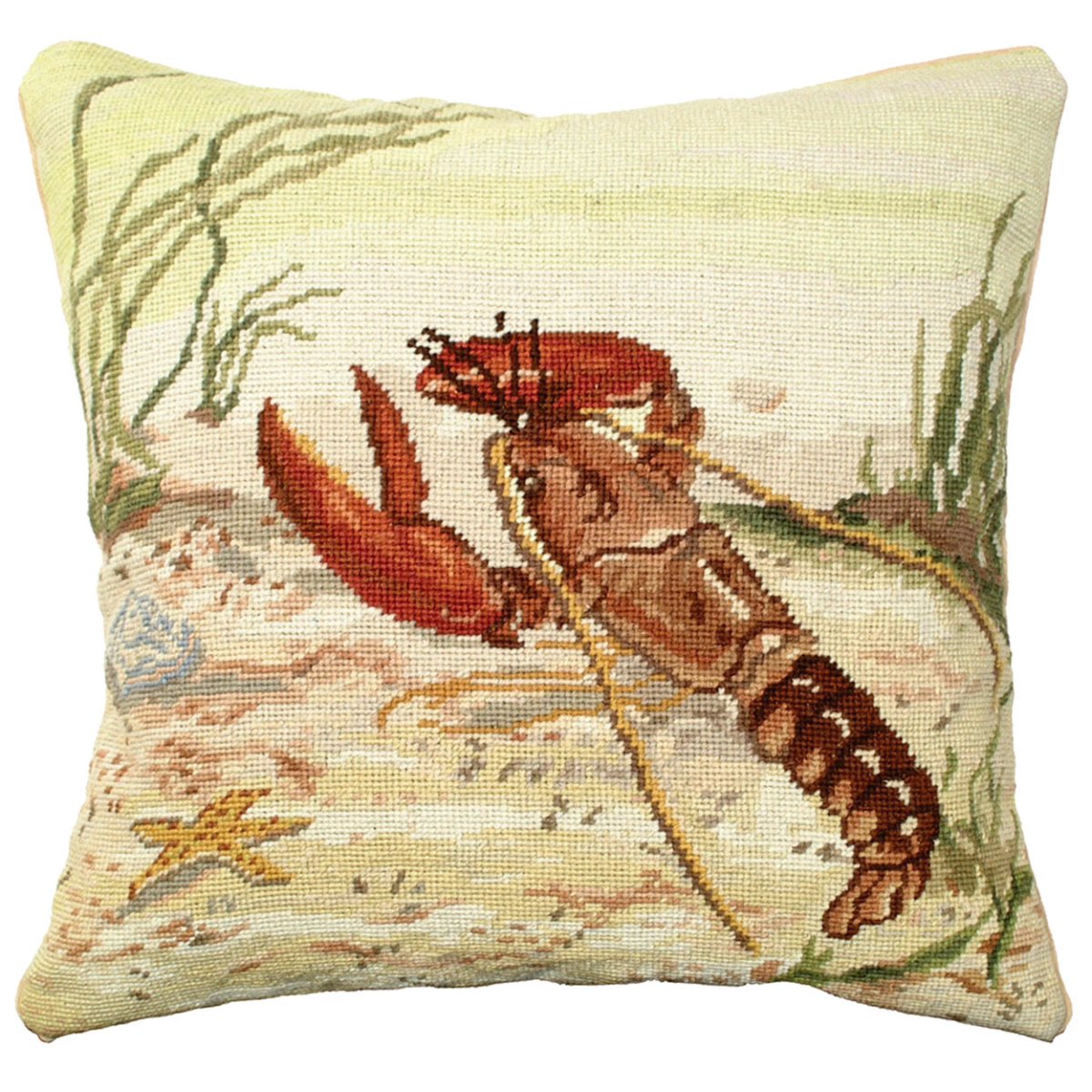 Red Lobster needlepoint throw pillow with nautical coastal motifs